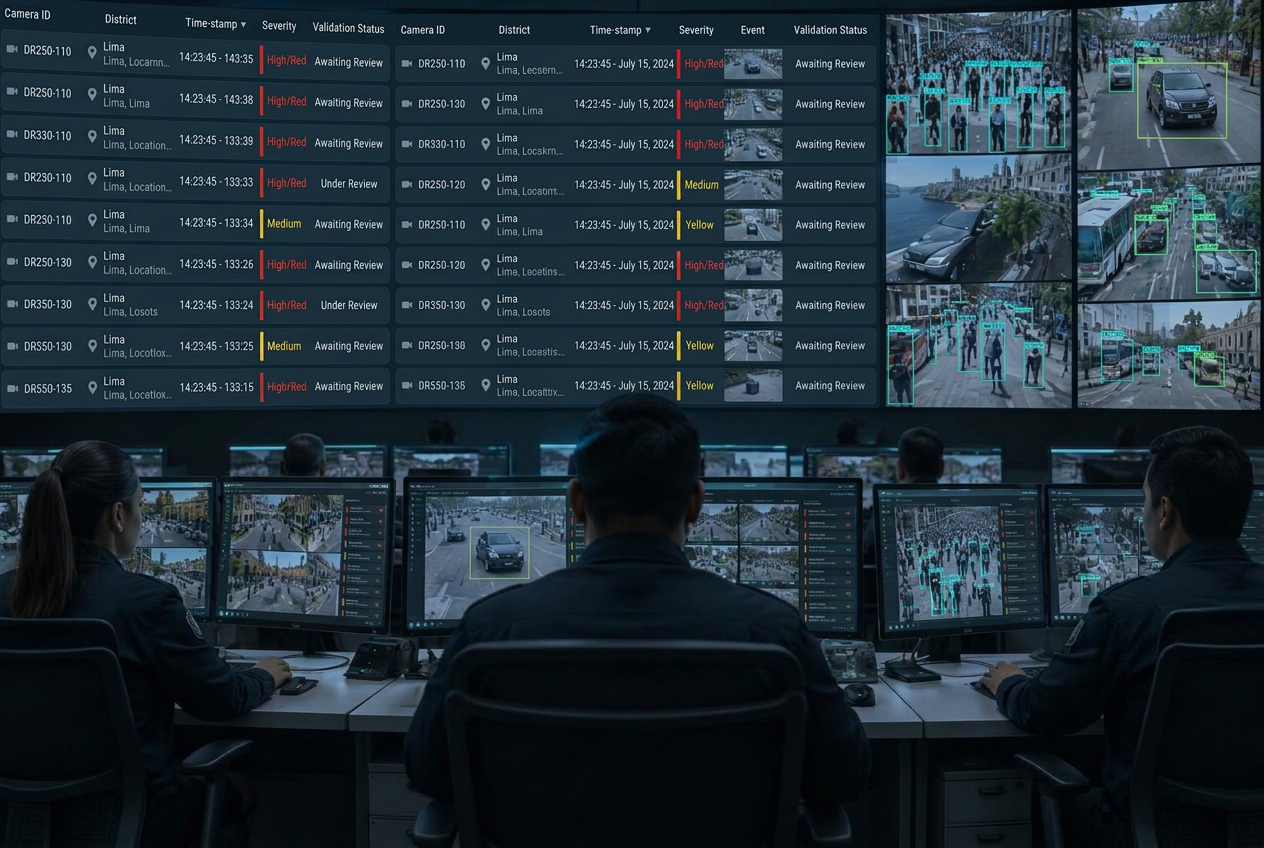 Centro de monitoreo con alertas y reconocimiento de personas y vehículos
